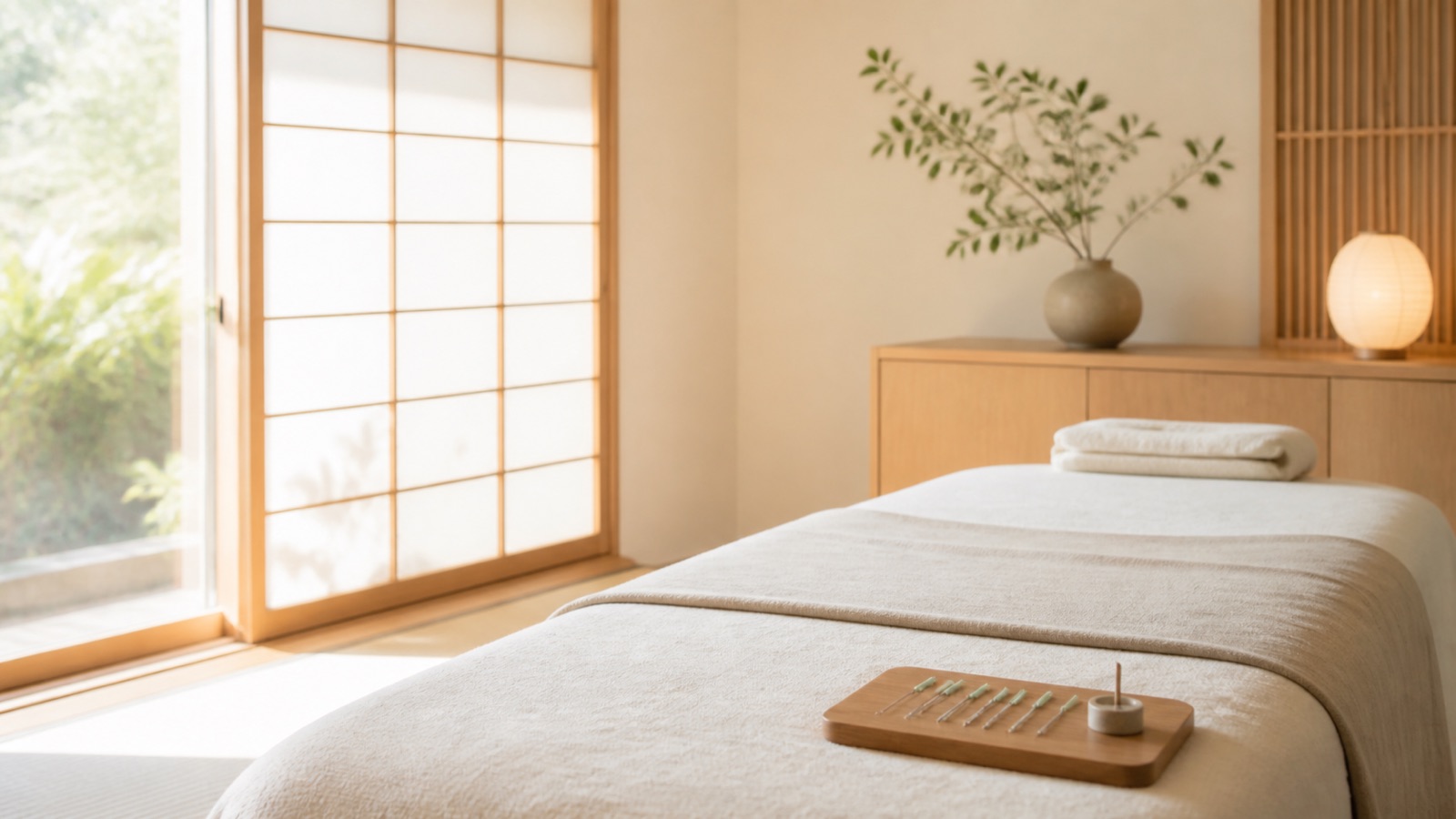 朝の光が入る、落ち着いた鍼灸院の施術室